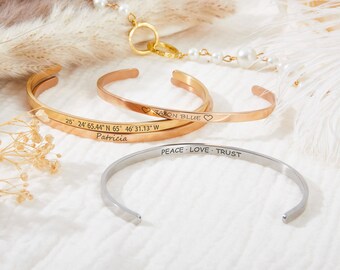 Custom Cuff Bracelet,Engraved Bracelet,Skinny Bangle,Coordinates Cuff Bracelet,Stacking Gold Cuff,Bridesmaids Gift,Valentine's Day Gift