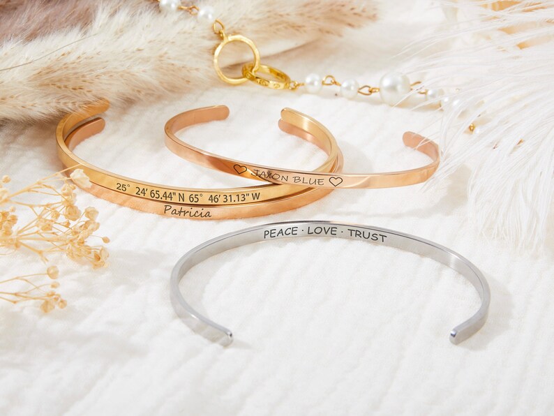 Custom Engraved Cuff Bracelet,Skinny Bangle,Coordinates Cuff Bracelet,Stacking Gold Cuff,Bridesmaid Gift,Inspirational Gift,Graduation Gift image 1