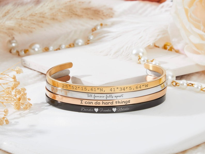 Custom Engraved Cuff Bracelet,Skinny Bangle,Coordinates Cuff Bracelet,Stacking Gold Cuff,Bridesmaid Gift,Inspirational Gift,Graduation Gift zdjęcie 2