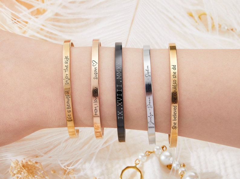 Custom Engraved Cuff Bracelet,Skinny Bangle,Coordinates Cuff Bracelet,Stacking Gold Cuff,Bridesmaid Gift,Inspirational Gift,Graduation Gift image 4