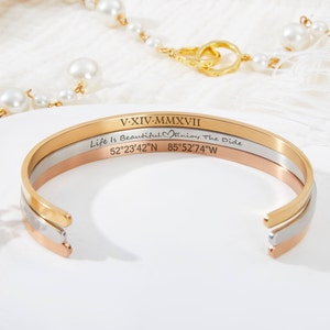 Custom Engraved Cuff Bracelet,Skinny Bangle,Coordinates Cuff Bracelet,Stacking Gold Cuff,Bridesmaid Gift,Inspirational Gift,Graduation Gift image 3