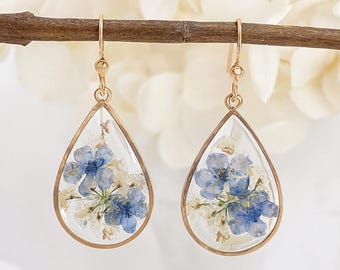 Pendientes de nomeolvides y paniculata: joyería de resina con flores prensadas reales, pendientes colgantes de acero inoxidable, regalo romántico para mujer.