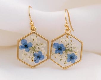 Pendientes de Nomeolvides y Aliento de Bebé: Joyas de resina de flores prensadas auténticas, pendientes colgantes de acero inoxidable, un regalo romántico para mujer.