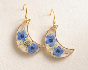 Pendientes de nomeolvides y paniculata: joyería de resina con flores prensadas reales, pendientes colgantes de acero inoxidable, regalo romántico para mujer.