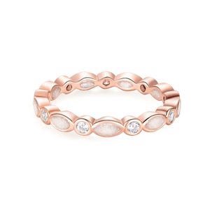 May include: Rose gold ring featuring alternating oval and round white gemstones. The ring has a continuous design with a polished finish. The gemstones are set in a repeating pattern around the band.