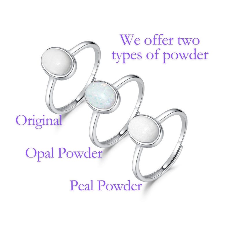May include: Three silver rings with oval-shaped stones. The stones are white, iridescent, and off-white. Text in the image reads "We offer two types of powder", "Original", "Opal Powder", and "Peal Powder".