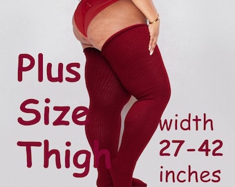 May include: Red thigh-high stockings with a ribbed texture. The text "Plus Size Thigh" and "width 27-42 inches" is visible in the image.