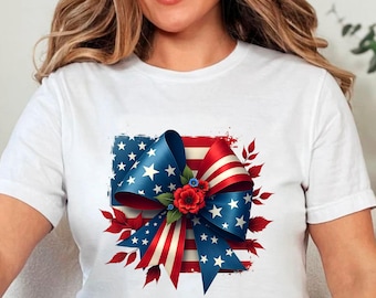 USA Flag Bow T-Shirt: Retro Patriotic Top for Women