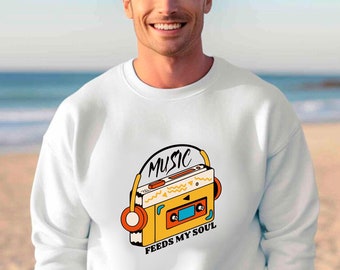 Cassette Tape Sweatshirt: Music Feeds My Soul, Retro Style