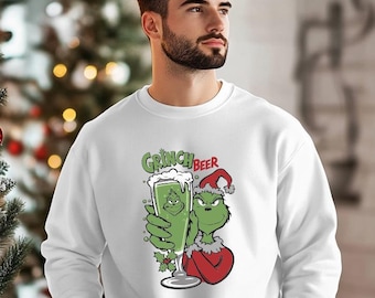 Funny Grinch Beer Christmas Sweatshirt, Christmas Party Sweatshirt, Beer Lover Gift, Grinch Christmas Spirit Sweater, Holiday Gift Idea