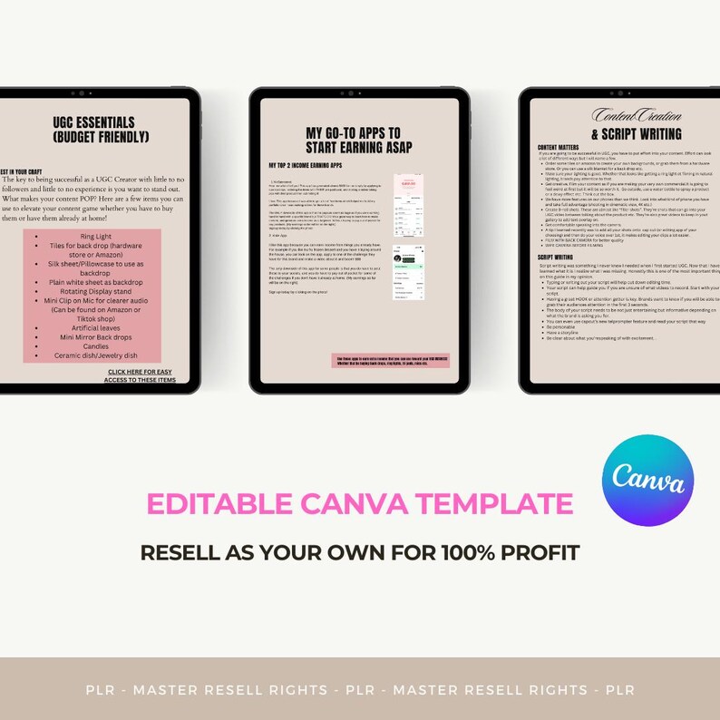 May include: Three digital tablet screens showing a pink and white Canva template with the text "UGC Essentials (Budget Friendly)", "My Go-To Apps To Start Earning ASAP", and "Content Creation & Script Writing". The template is for creating content for social media.