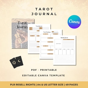 May include: A tarot journal with the title "Tarot Journal" in black text. The image includes a journal, printable pages, and two tarot cards. The Canva logo is visible. Text on the image includes "PDF - PRINTABLE" and "EDITABLE CANVA TEMPLATE".