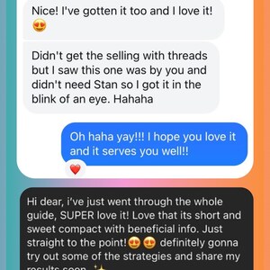 May include: Screenshots of text messages about a guide. The text messages discuss the guide's content and how much the sender enjoyed it. The text messages include emojis and a sparkle emoji.