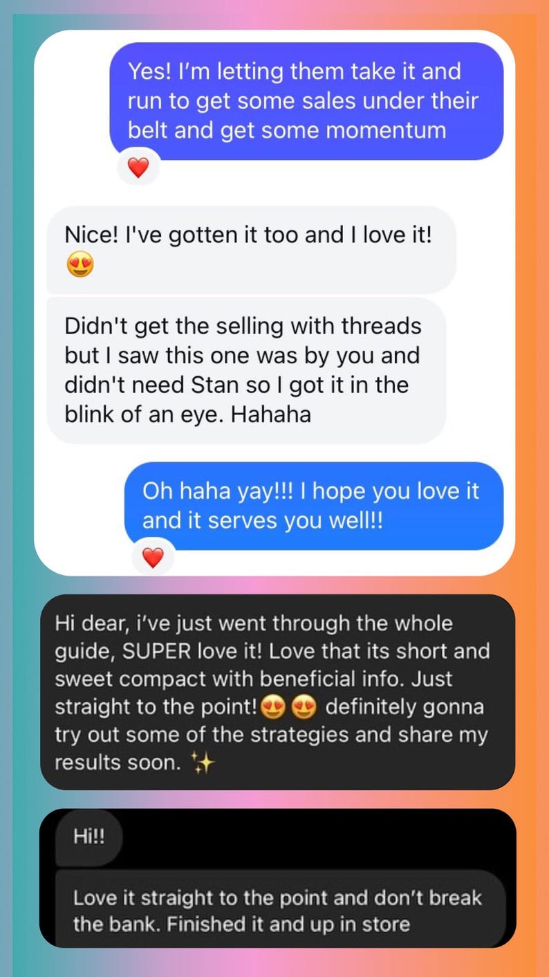 May include: Screenshots of text messages about a guide. The text messages discuss the guide's content and how much the sender enjoyed it. The text messages include emojis and a sparkle emoji.