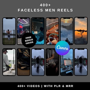 以下が含まれることがあります： 「400+ FACELESS MEN REELS」と「400+ VIDEOS | WITH PLR & MRR」のテキストが入ったプロモーション用グラフィック。さまざまなライフスタイルシーンを表示するスマートフォンの画面のグリッドが特徴で、「FREE BONUS INSIDE」バッジと「Canva」ロゴが付いています。