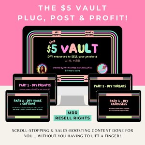 5 Dollar Vault, MRR, DFY Hooks, Beschriftungen, Karusselle, Master Resell Right, Digitale Produkte, Done for You, Social Media