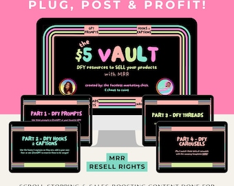5 Dollar Vault, MRR, DFY Hooks, Captions, Carousels, Master Resell Rights, Digital Products, Done for You, Social Media