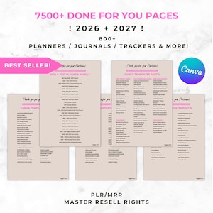 Peut inclure: Un ensemble de produits numériques comprenant plus de 7500 pages, 800 planificateurs, journaux et trackers pour 2026 et 2027. Les documents beiges listent des modèles Canva avec des titres comme 2026 & 2027 PLANNER BUNDLE et CANVA TEMPLATES.
