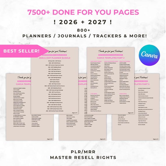 NEW 2026/2027 7500+ Done For You PLR MRR Digital Products Bundle, Digital Printable Planners/Trackers/Journals, Master Resell Rights, Canva