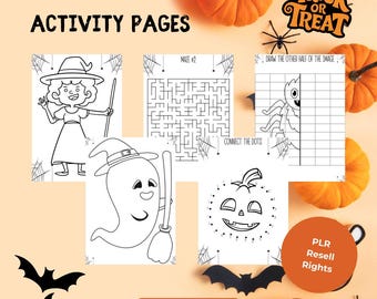 Può includere: Una raccolta di pagine di attività di Halloween, tra cui labirinti, unisci i puntini e suggerimenti per il disegno. Le pagine presentano illustrazioni di streghe, fantasmi e zucche. Il testo recita "90+ Halloween Activity Pages" e "PDF/Printable".