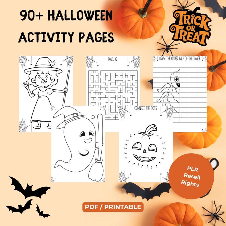 May include: A collection of Halloween activity pages, including mazes, connect-the-dots, and drawing prompts. The pages feature witch, ghost, and pumpkin illustrations. The text reads "90+ Halloween Activity Pages" and "PDF/Printable".