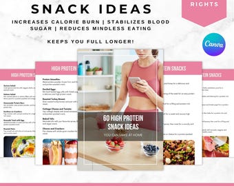 60 High Protein Snack Ideas, PLR, MRR, High Protein Foods, High Protein Meals, Low Carb, Healthy Weight Loss, Ebook, Printable, Canva, DFY