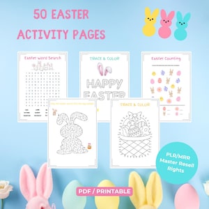 May include: A set of 50 printable Easter activity pages for kids. The pages feature a variety of activities, including word searches, mazes, counting, and coloring. The pages are decorated with cute Easter-themed illustrations, such as bunnies, eggs, and baskets.