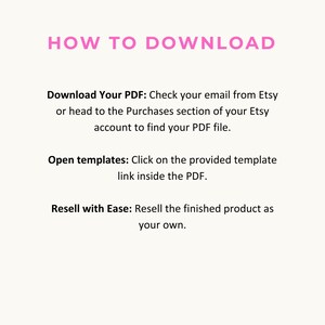 K&ouml;nnte beinhalten: Textbasierte Anweisungen zum Herunterladen eines digitalen Produkts von Etsy. Die Anweisungen umfassen das Herunterladen einer PDF-Datei, das &Ouml;ffnen von Vorlagen und den Weiterverkauf des fertigen Produkts.