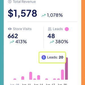 May include: A chart displaying a business's total revenue, store visits, and leads. Total revenue is &pound;1,578, with a 1,078% increase. Store visits are 662, with a 413% increase. Leads are 48, with a 380% increase. The chart also shows a bar graph of leads over time, with the most recent date being 20th June.