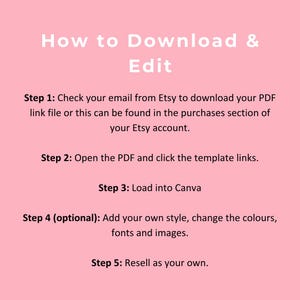 May include: A pink background with white text outlining the steps to download and edit a PDF file. The steps include checking your email, opening the PDF, loading it into Canva, adding your own style, and reselling it as your own.