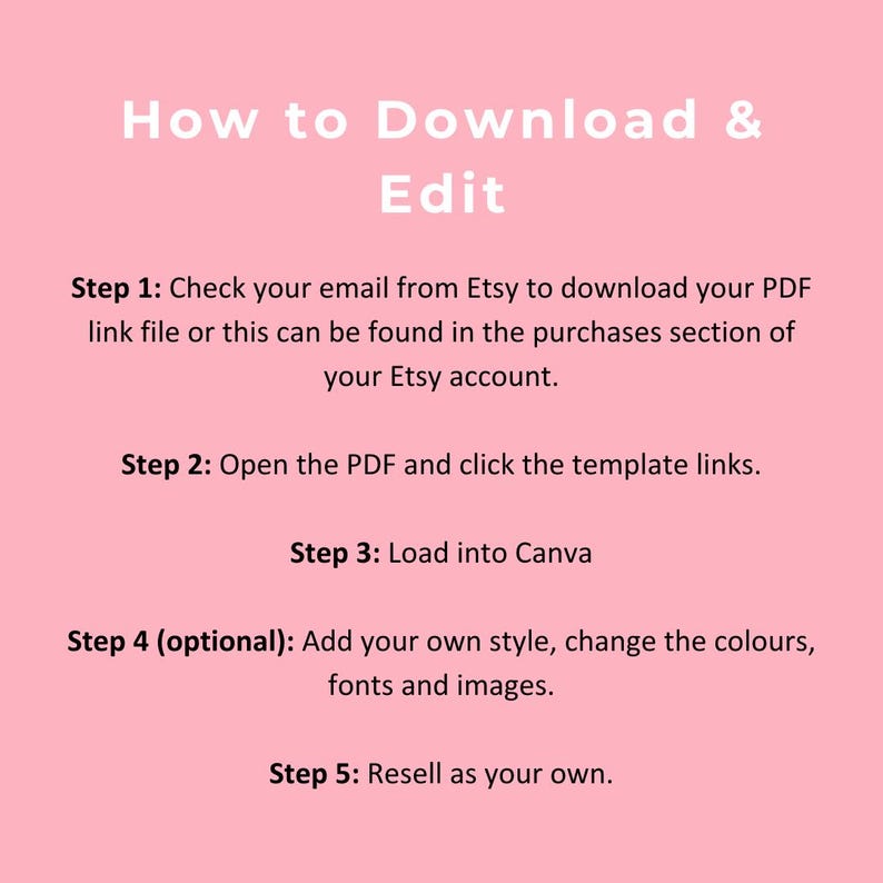 May include: A pink background with white text outlining the steps to download and edit a PDF file. The steps include checking your email, opening the PDF, loading it into Canva, adding your own style, and reselling it as your own.