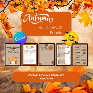 Könnte beinhalten: Ein digitales Produktpaket für Canva mit Herbst- und Halloween-Vorlagen. Das Paket enthält einen Tagesplaner, eine To-Do-Liste, eine Wunschliste und eine Herbst-Suchliste. Die Vorlagen sind editierbar und können für den persönlichen oder kommerziellen Gebrauch verwendet werden.