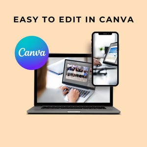 May include: A laptop and smartphone displaying a design interface, with the text "EASY TO EDIT IN CANVA." A circular logo with the word "Canva" in white against a blue and purple gradient is also present.