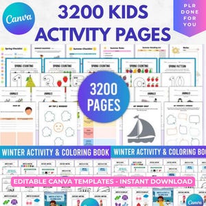 Pode incluir: Imagem de um produto digital com 3200 páginas de atividades infantis. As páginas incluem exercícios de colorir e escrever. O texto "3200 KIDS ACTIVITY PAGES" e "EDITABLE CANVA TEMPLATES - INSTANT DOWNLOAD" é visível.