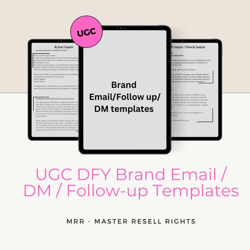 K&ouml;nnte beinhalten: Ein digitaler Bildschirm zeigt ein Dokument mit dem Titel "UGC DFY Brand Email/Follow Up Templates" und dem Text "MRR - MASTER RESELL RIGHTS" am unteren Rand. Das Dokument enth&auml;lt E-Mail- und Direktnachrichtenvorlagen f&uuml;r Marken.