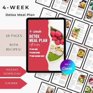May include: A digital tablet displaying a 4-week detox meal plan with recipes. The plan includes low carb, clean eating, and 1500 calories daily. The tablet is surrounded by pages of the meal plan, with images of healthy food.