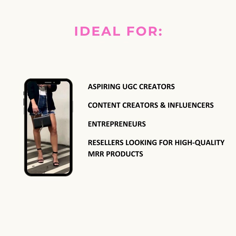 K&ouml;nnte beinhalten: Eine Frau tr&auml;gt einen schwarzen Blazer, ein wei&szlig;es T-Shirt und eine Jeans-Shorts. Sie tr&auml;gt eine schwarze Handtasche und schwarze High-Heel-Sandalen. Das Bild ist auf einem Telefonbildschirm mit dem Text "IDEAL F&Uuml;R:" und einer Liste von Zielgruppen f&uuml;r das Produkt.