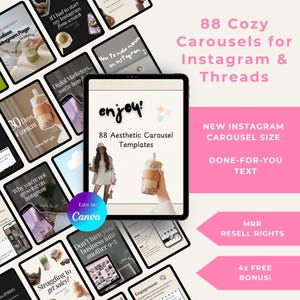 88 Carousel Templates for Social Media, Instagram & Threads, PLR MRR, Digital Stickers, Faceless Digital Marketing, Editable Canva Template