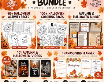 Fall & Halloween Digital Product Bundle, Coloring Pages, Activity Pages, Planners, Reels Videos, Printable, Master Resell Rights, PLR, MRR