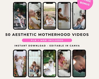 50 Aesthetic Motherhood & Mom Life Reels Videos, PLR, MRR, Faceless Digital Marketing, Instagram, TikTok, Canva, Master Resell Rights