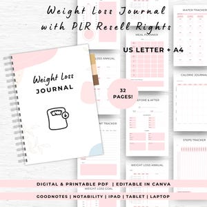May include: A white spiral-bound weight loss journal with the title "Weight Loss JOURNAL" and a scale icon. The journal includes 32 pages and is available in US Letter and A4 sizes. Additional pages include a meal planner, calorie journal, and steps tracker.