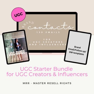 May include: A laptop computer screen displaying a digital product bundle for UGC creators and influencers. The bundle includes 150 emails, a UGC guide, and brand email, follow-up, and DM templates. The text "UGC Starter Bundle for UGC Creators & Influencers" is displayed below the laptop. The text "MRR - MASTER RESELL RIGHTS" is displayed below the bundle title.