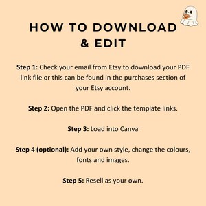 May include: A peach-colored graphic with the text "HOW TO DOWNLOAD & EDIT" and numbered steps for downloading and editing a PDF file from Etsy. A cartoon ghost with a pumpkin is in the upper right corner.