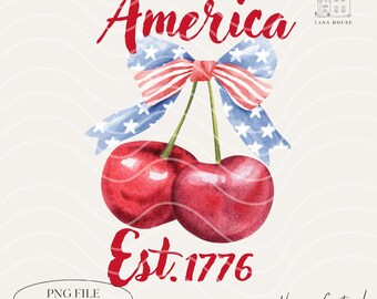 America Cherry PNG, 4th July Cherry Png, Cherry Bow PNG, Cherry Coquette Png, America PNG, 4th Of July Png, Digital Download