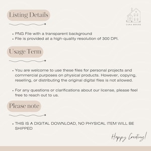 May include: A digital information graphic titled Listing Details, Usage Term, and Please note. It specifies a PNG file with a transparent background at 300 DPI, usage rights for personal and commercial physical products, and that this is a digital download.