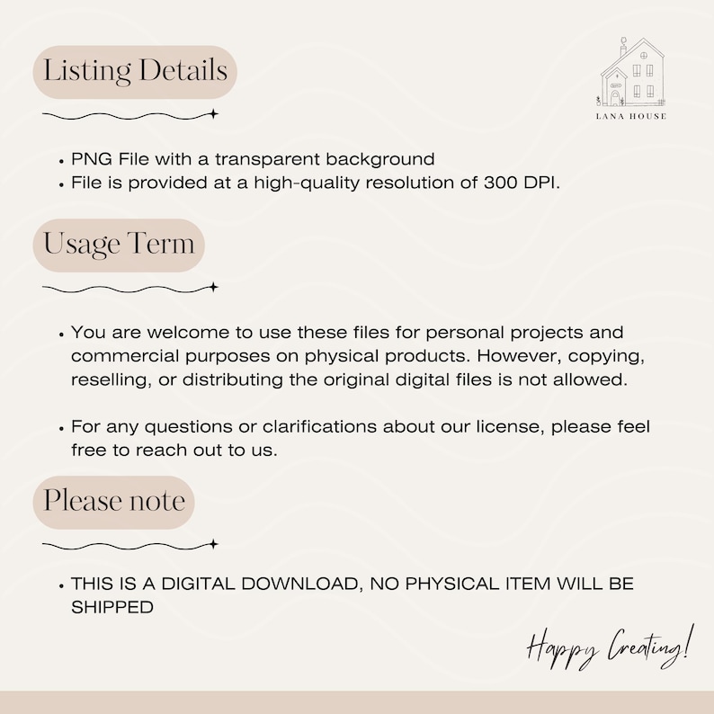 May include: A digital information graphic titled Listing Details, Usage Term, and Please note. It specifies a PNG file with a transparent background at 300 DPI, usage rights for personal and commercial physical products, and that this is a digital download.