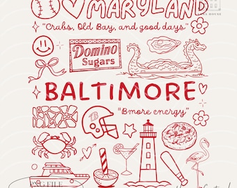 Könnte beinhalten: Rote und weiße Illustration mit Symbolen von Maryland und Baltimore. Enthält einen Baseball, ein Herz, eine Krabbe, einen Leuchtturm und den Text "Crabs, Old Bay, and good days" und "Bmore energy".