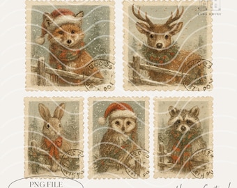 Vintage Woodland Christmas Stamps PNG | Cozy Retro Animals, Trendy Christmas, Digital Download