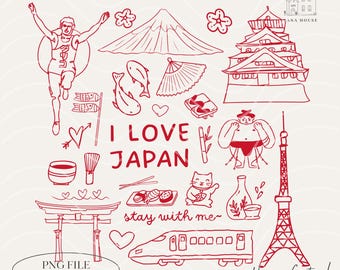 Japan Icons, Japan Landmarks Png, PNG Files, I Love Japan Shirt Design, Kawaii Japan Doodle png, Retro png, Digital Download