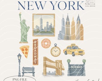 Watercolor New York PNG | Statue of Liberty, Skyline, NYC Taxi, Broadway Sign, Subway, Skyscraper, Digital Download